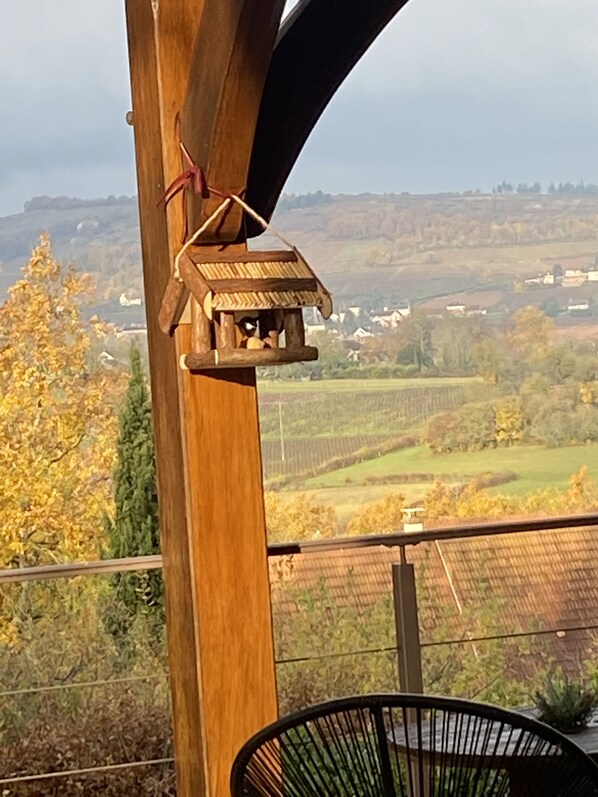 Ein hölzerner Balkon mit Vogelhaus und Stuhl, der auf eine ländliche Landschaft mit Feldern und Häusern blickt.