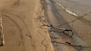 A sandy beach with footprints and a barbed wire fence. - Relax and Unwind in a Home overlooking Lake Texoma (Kingston)