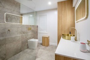 Shower, hair dryer, towels