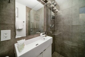 Douche, séchoir à cheveux, serviettes fournies