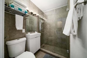 Shower, hair dryer, towels