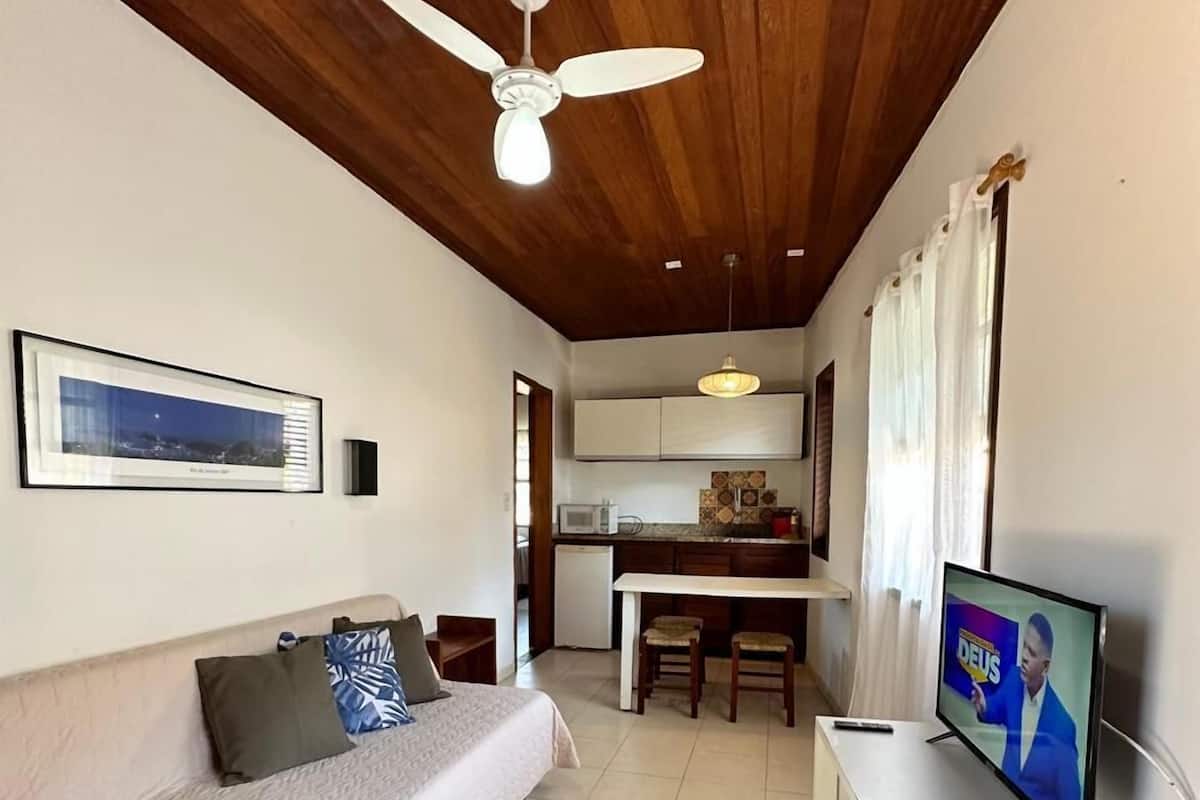 Ein modernes Wohnzimmer mit einer Couch, einem Fernseher und einem Deckenventilator.