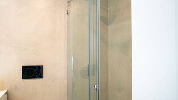 A modern bathroom with a glass-enclosed shower, a white toilet, and a small potted plant.