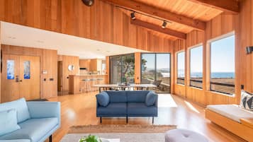 House, Multiple Beds, Hot Tub, Ocean View | Living room | 50-inch flat-screen TV with digital channels, TV, fireplace