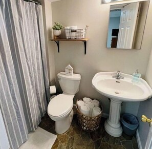 Shower, towels, soap, toilet paper