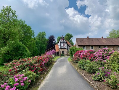 Quiet vacation apartment with wood-burning stove, sauna, garden & terrace on historic estate. Castle courtyard