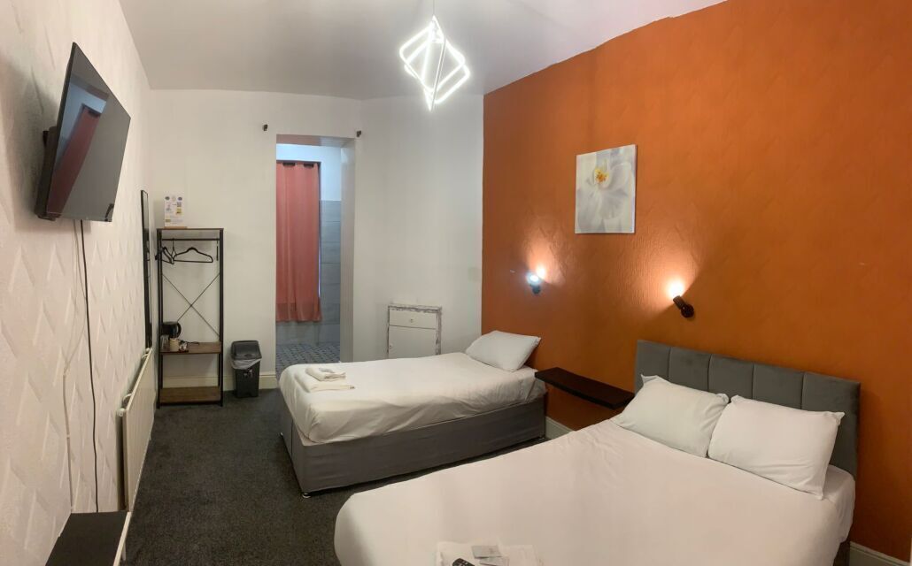 Habitación de hotel con dos camas, televisión, armario y zona de ducha.