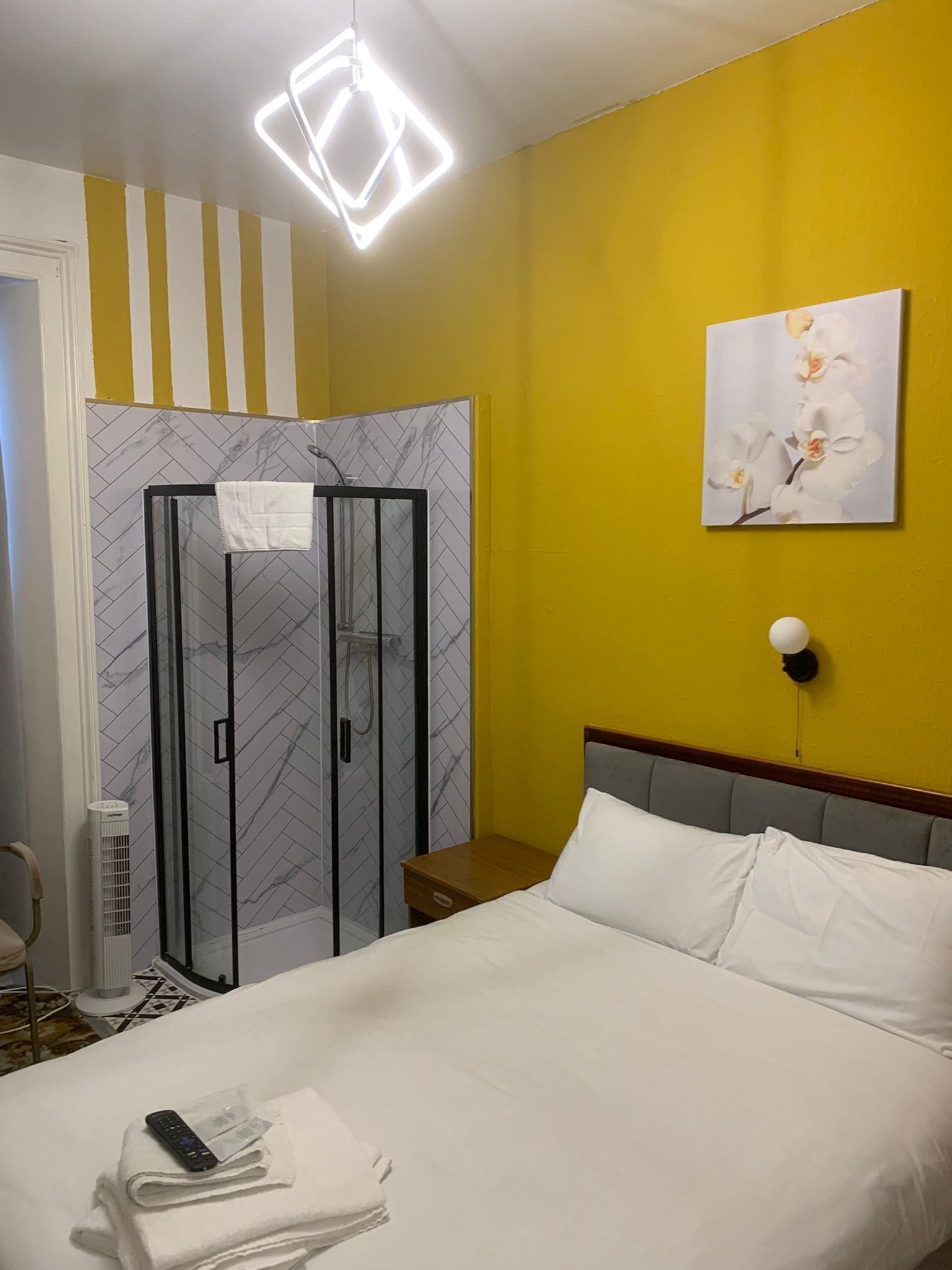 A hotel room with a bed, a shower enclosure, a bedside table, a nightstand, a wall-mounted lamp, and a painting of flowers.
