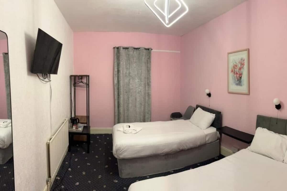 Une chambre d’hôtel avec deux lits, un miroir, une télévision, un tableau et une fenêtre avec des rideaux.
