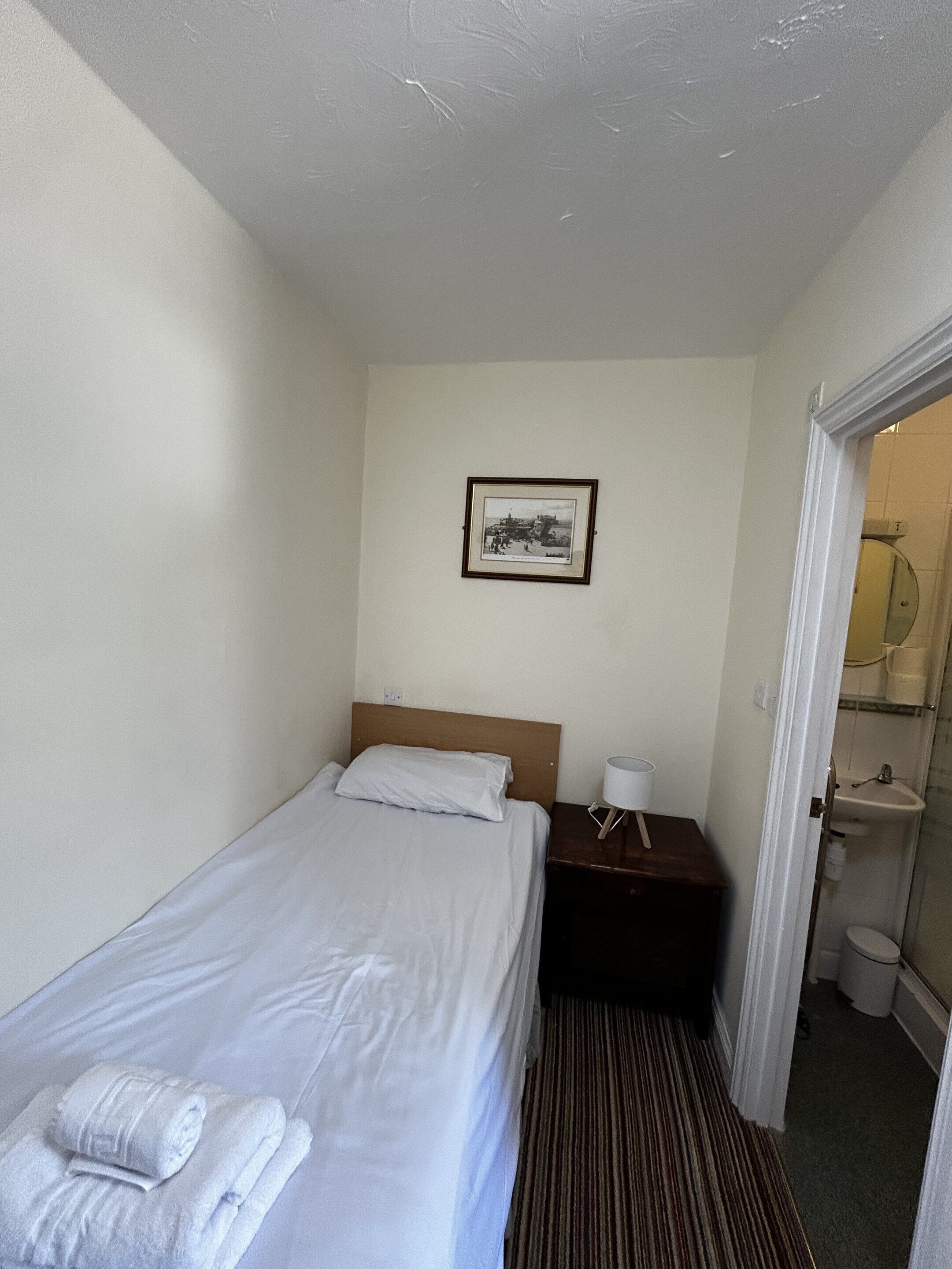 Habitación de hotel con una cama individual, una mesita de noche, un cuadro enmarcado en la pared y un baño visible a través de una puerta abierta.