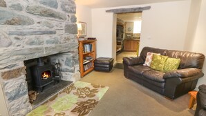 A stone fireplace, a leather sofa, and a bookshelf in a living room. - Tyn Llwyn (Talsarnau)