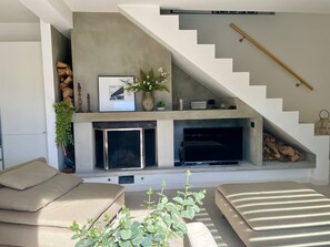 TV connectée, cheminée, lecteur de DVD, livres