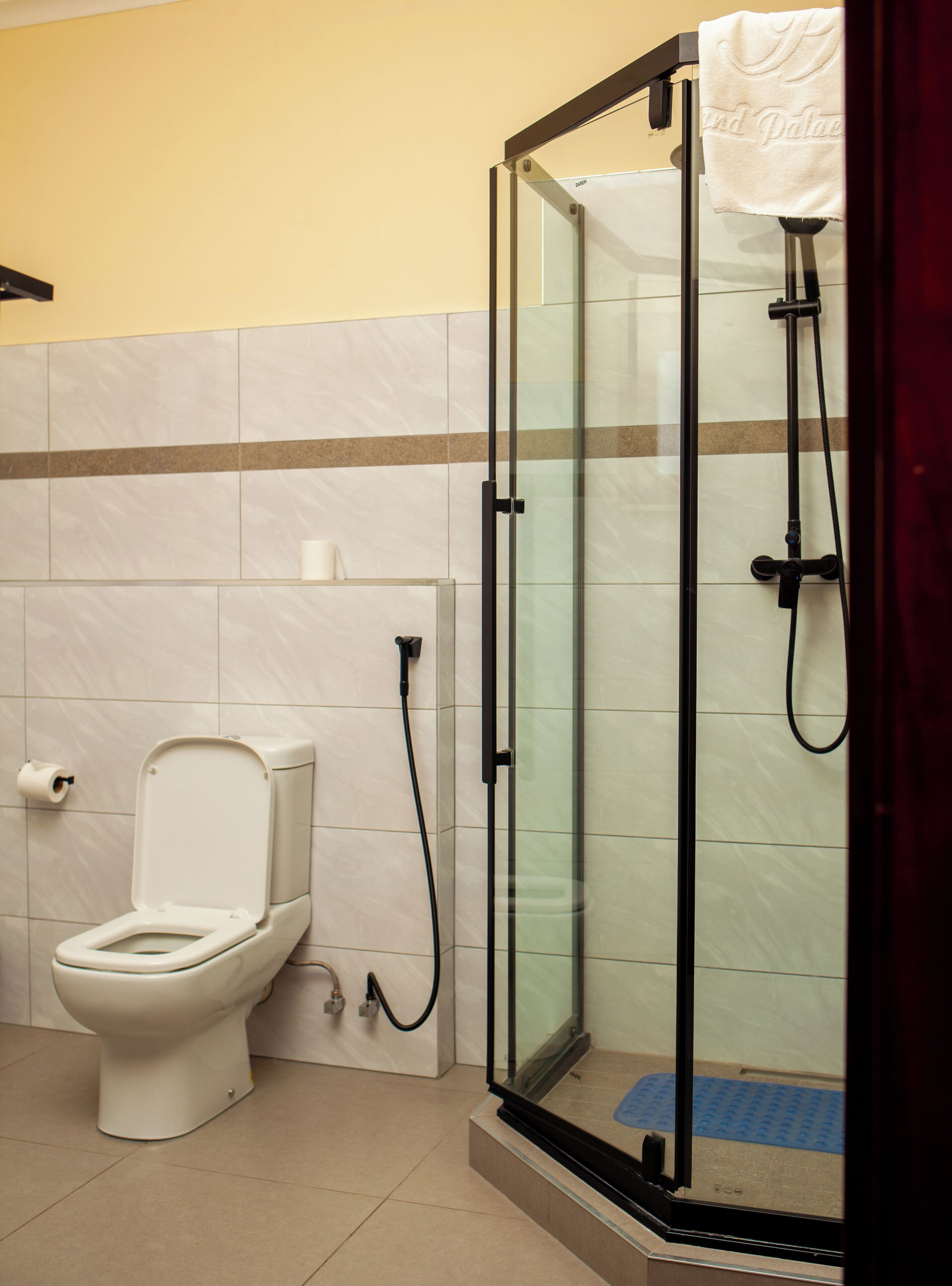 A bathroom with a toilet, a glass-enclosed shower, and a towel hanging on the shower door.