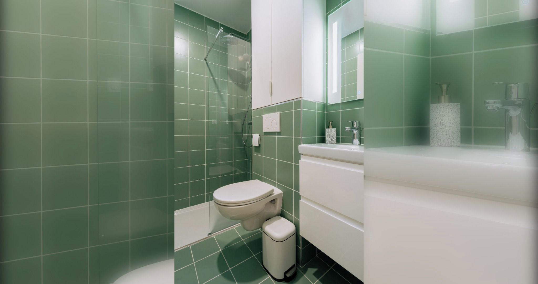 Shower, hair dryer, shampoo