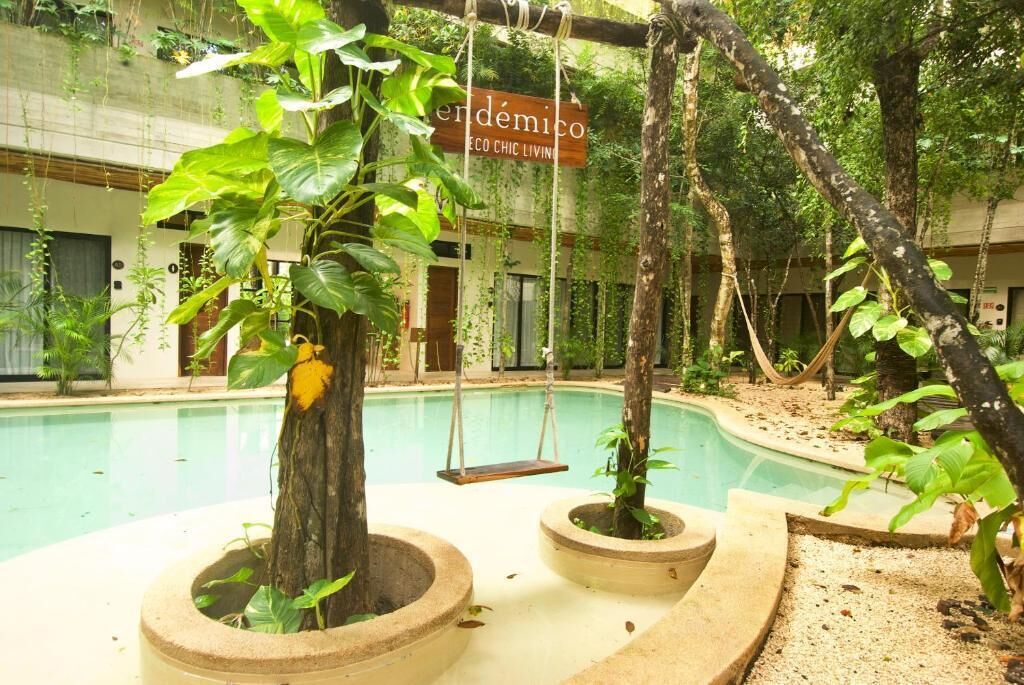 An indoor pool area with a swing chair, surrounded by lush greenery and a sign reading "endémico ECO CHIC LIVING".