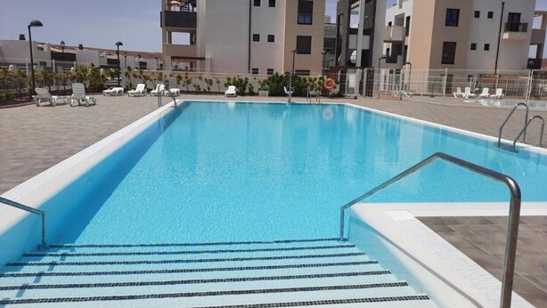 Une piscine rectangulaire avec des marches permettant d’y accéder, entourée de chaises longues et d’une clôture.