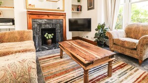 Un salón con chimenea, un televisor y dos sofás estampados.