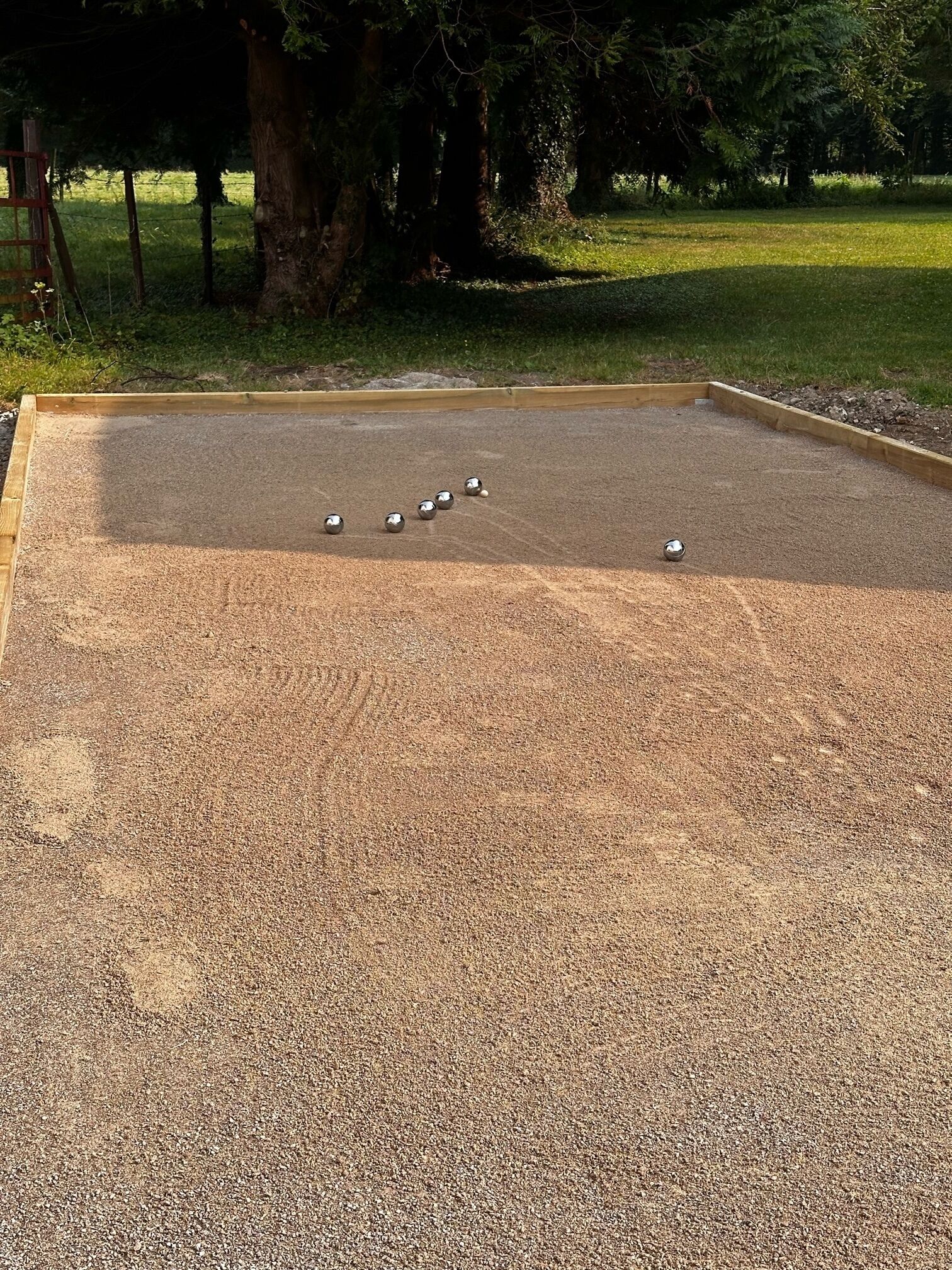 A billiards table with balls and a wooden border, surrounded by a grassy area and trees.