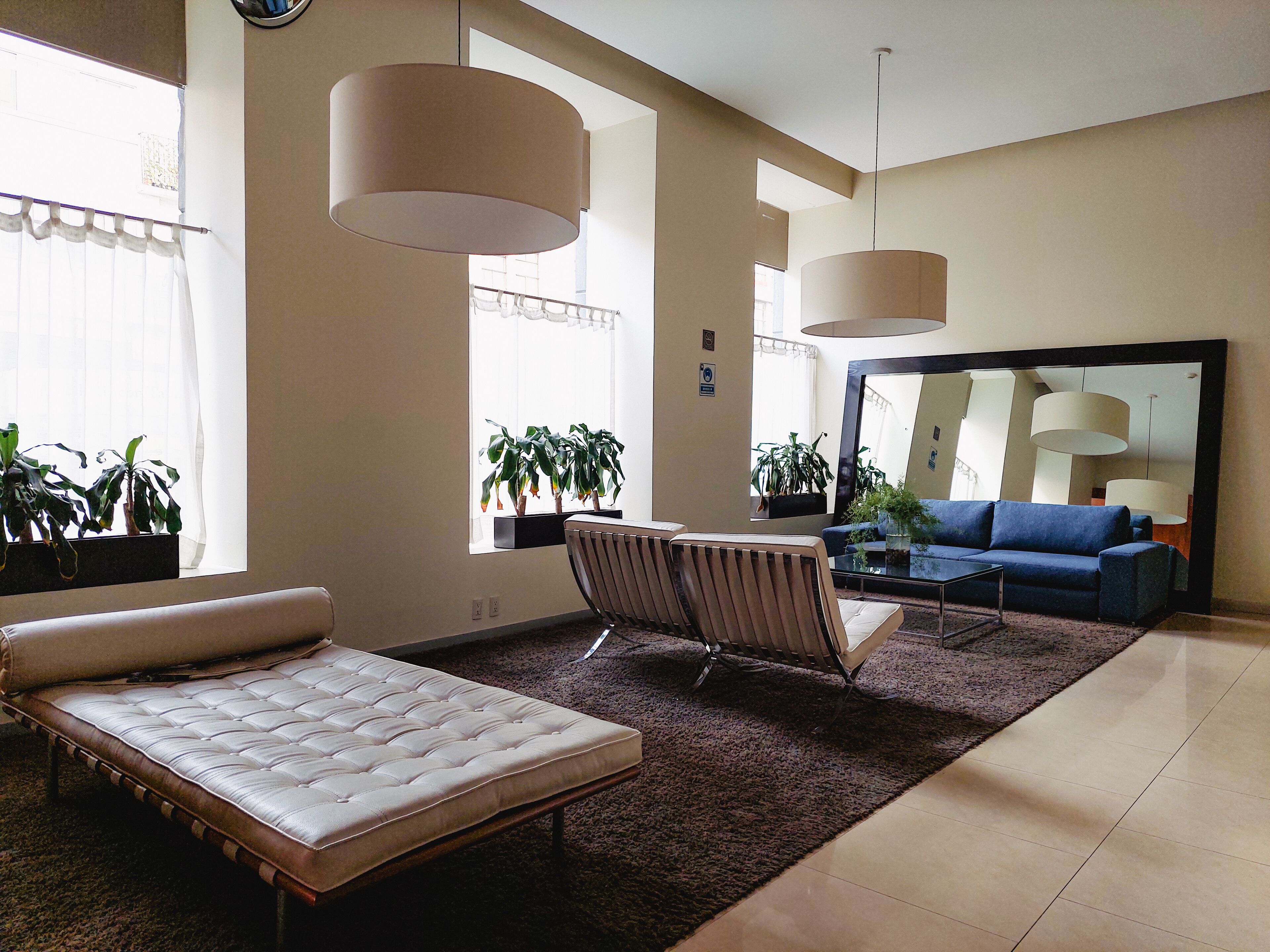 Een moderne woonkamer met een bank, een fauteuil, een salontafel en een grote spiegel. Er staan potplanten en een raam met gordijnen.
