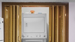 A compact room with a washing machine and a television.