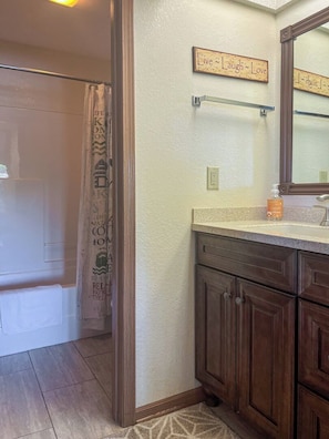 Hair dryer, towels, soap, toilet paper