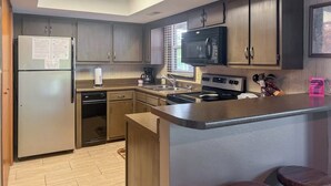 A modern kitchen with a built-in microwave, stove, and dishwasher.