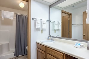 Shower, towels, soap, toilet paper