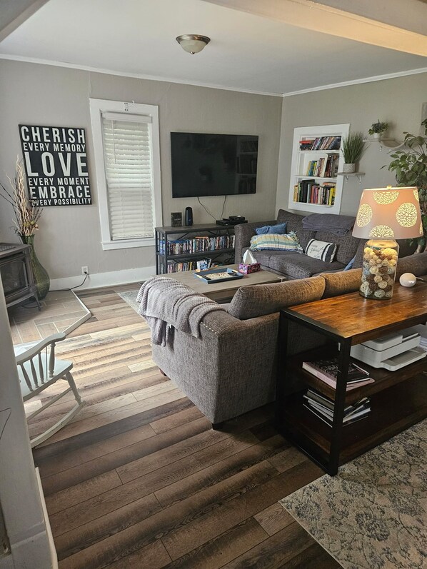 Smart TV, fireplace, video games, DVD player