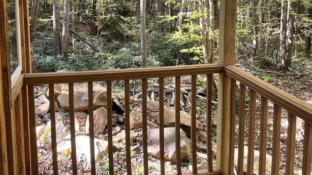 Une terrasse en bois offrant une vue sur une zone boisée.