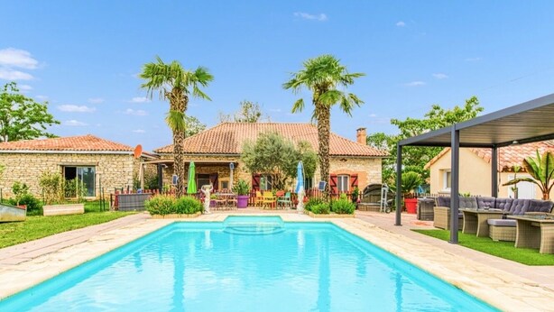 Une piscine avec un patio en pierre, des palmiers et des espaces de détente en plein air.