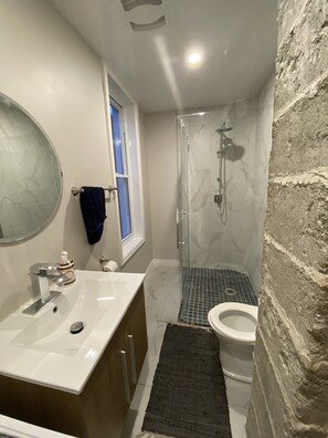 Een douche, een haardroger, handdoeken, zeep