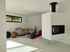 TV connectée, cheminée, livres