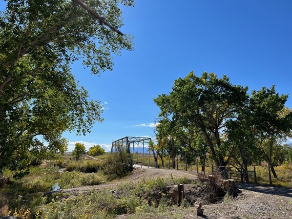 A rural landscape with a dirt path, trees, and a metal structure in the distance.