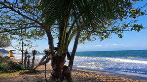 A beach with palm trees, a lifeguard tower, and the ocean in the background. - Nautilus Concept - Penha-SC (Penha)