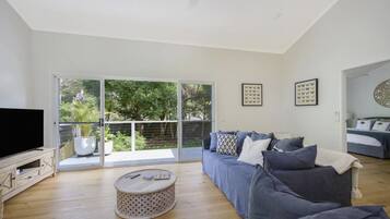 Een smart-tv, een open haard en boeken