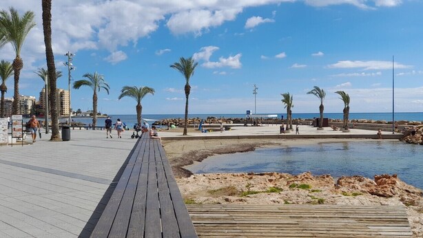 Een houten looppad dat naar een kiezelstrand leidt, met palmbomen en een rustige zee.