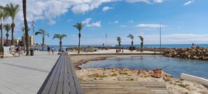 A wooden boardwalk leading to a rocky beach area with palm trees and a calm sea.