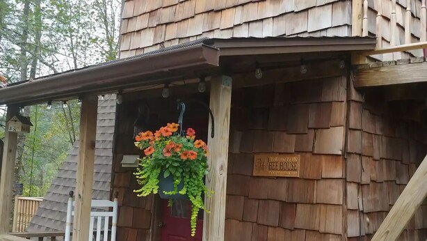 A wooden cabin with a porch, a red door, and a hanging flower basket. - Whee House (Cullowhee)