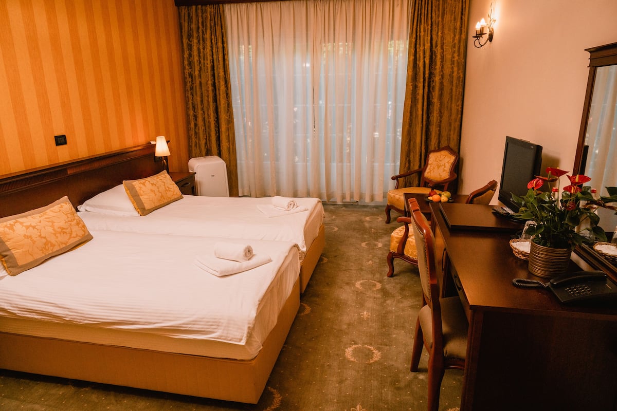 Une chambre d’hôtel avec deux lits, un bureau, une chaise, une lampe, une télévision et une plante en pot.