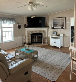 Smart TV, fireplace, DVD player