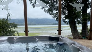 A hot tub with a view of a lake and bears in the distance. - Bears Beach House (Tofino)