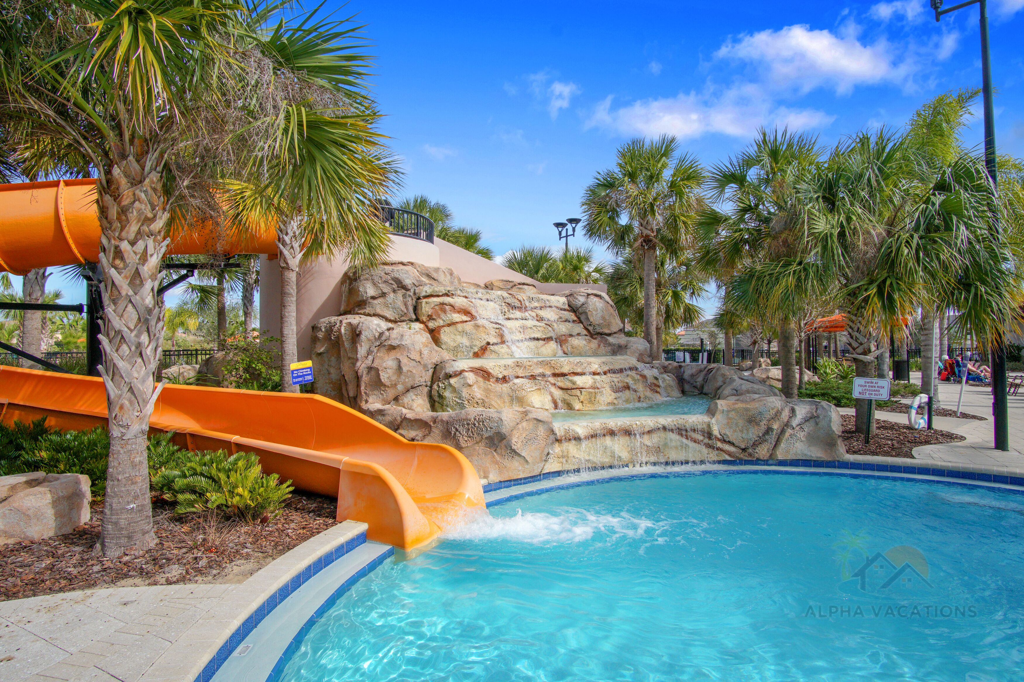 A heated pool, pool loungers