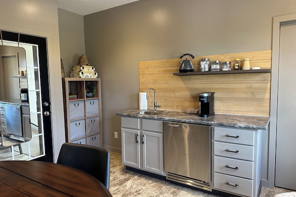 Fridge, microwave, coffee/tea maker, electric kettle