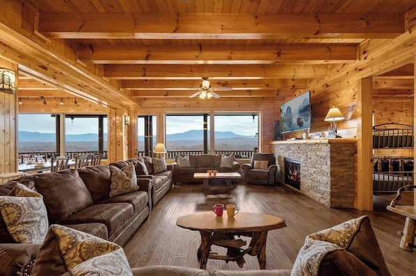 Smart TV, fireplace, DVD player, foosball