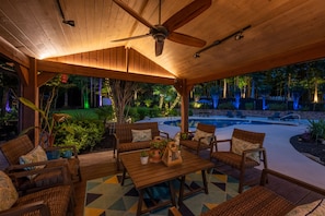 A covered outdoor seating area with wicker furniture and a pool in the background.