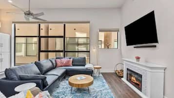 Smart TV, fireplace, books, smart speakers
