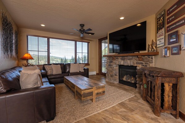 Flat-screen TV, fireplace