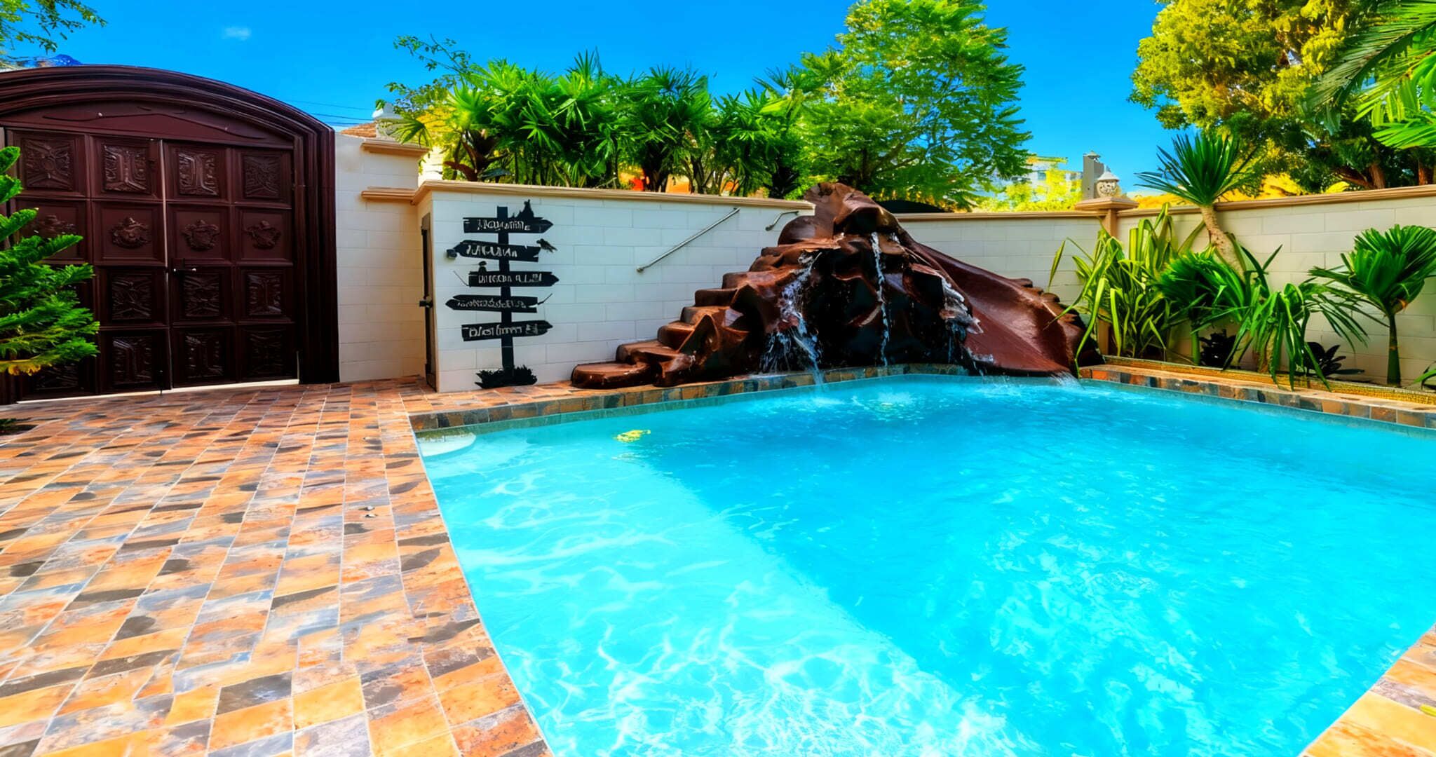 A swimming pool with a waterfall feature, surrounded by a tiled deck and lush greenery.