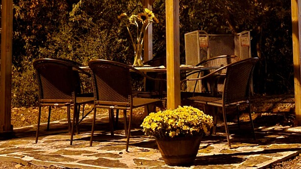 A wooden pergola with string lights, outdoor seating, and a potted plant.
