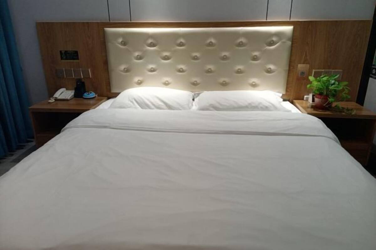 A hotel room with a large bed, a wooden headboard, a bedside table with a phone, and a potted plant.